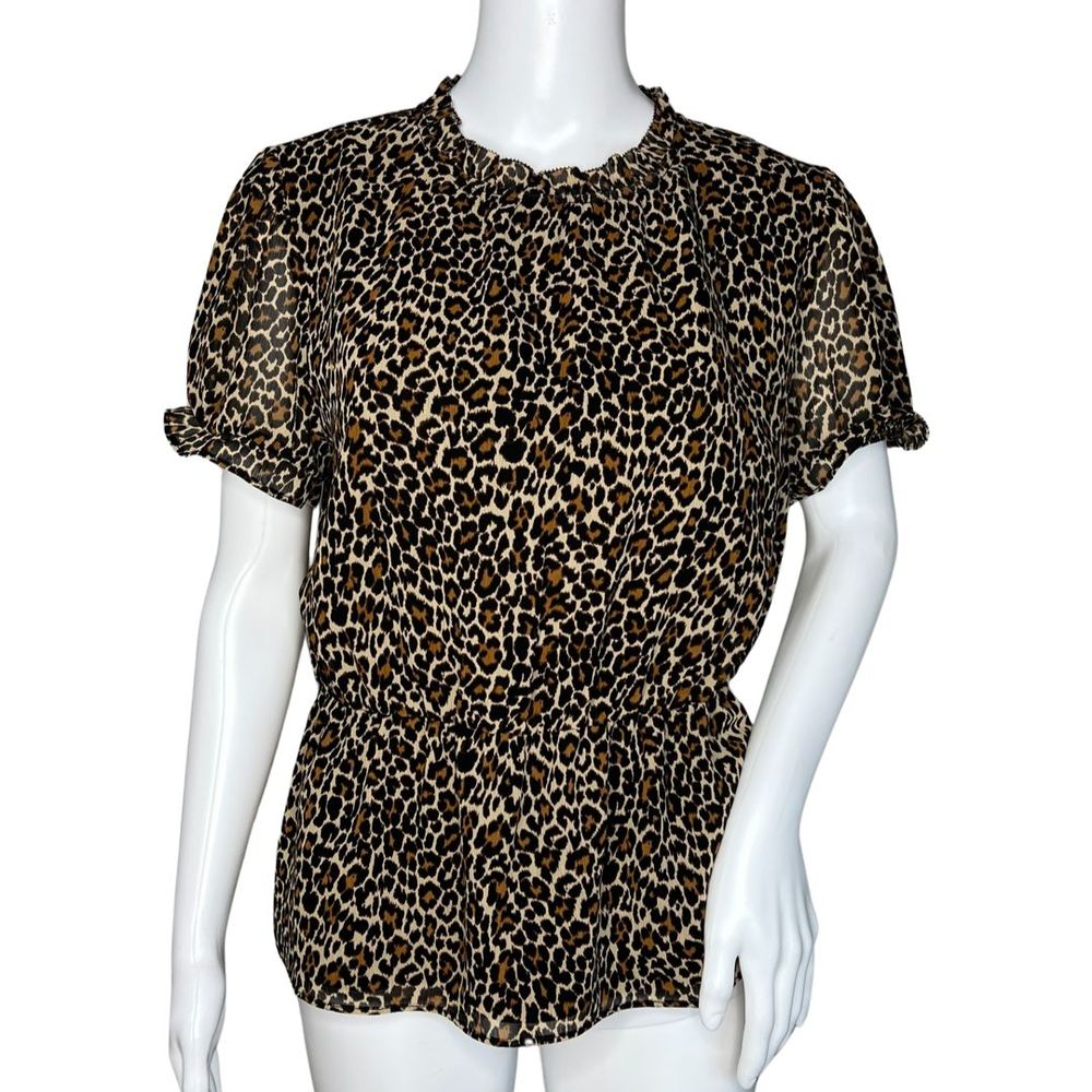J.Crew Shirt Womens Small Brown Cheetah Print Ruffle Neck Peplum Rockabilly Edgy